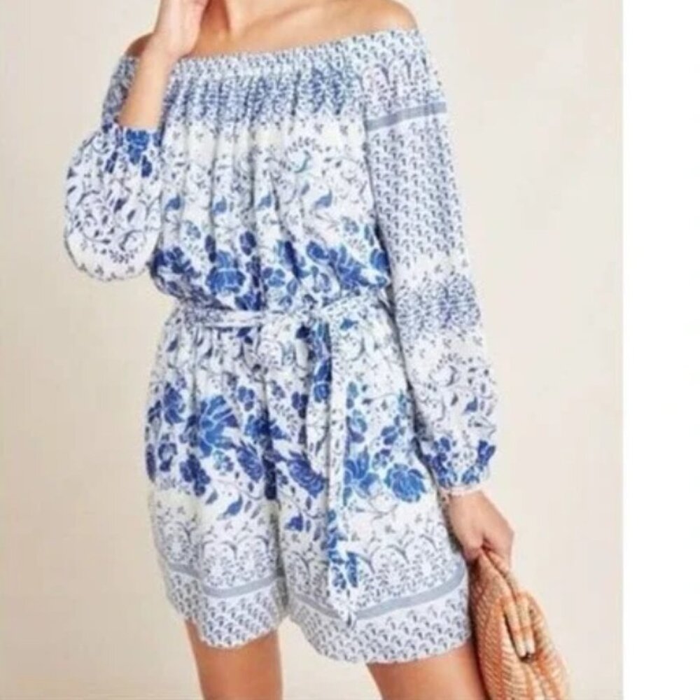 Anthropologie Blue and White Off-Shoulder Floral Romper